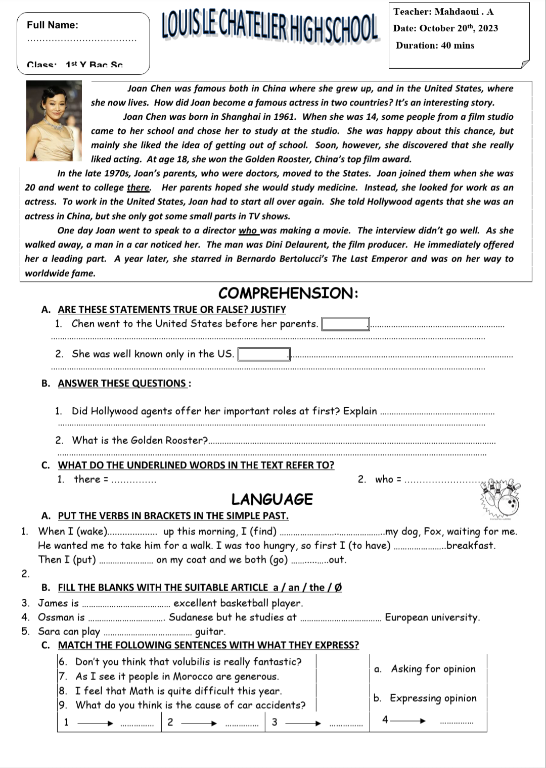 1 bac term 1 quiz Reading comprehension