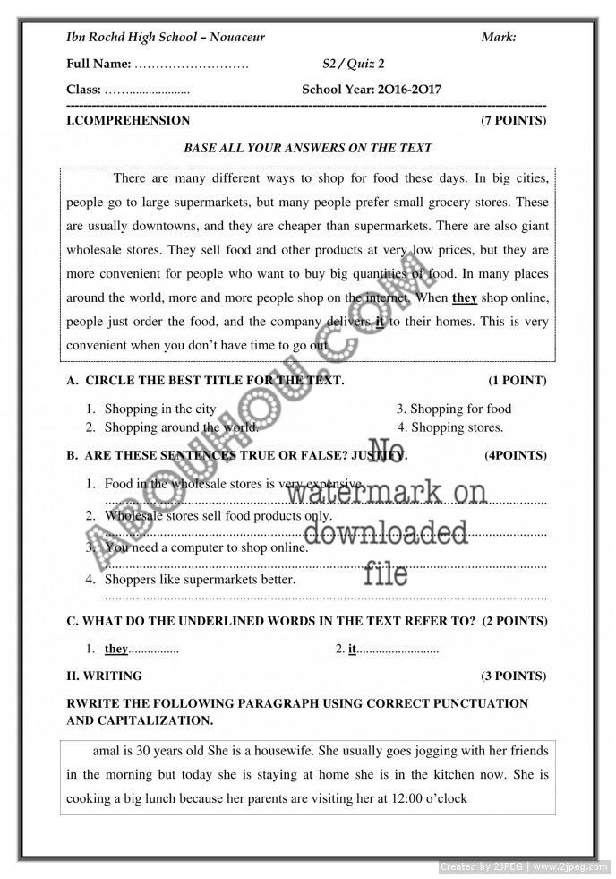 Common Core S2 QUIZ2 Reading comprehension & Writing (Visa)