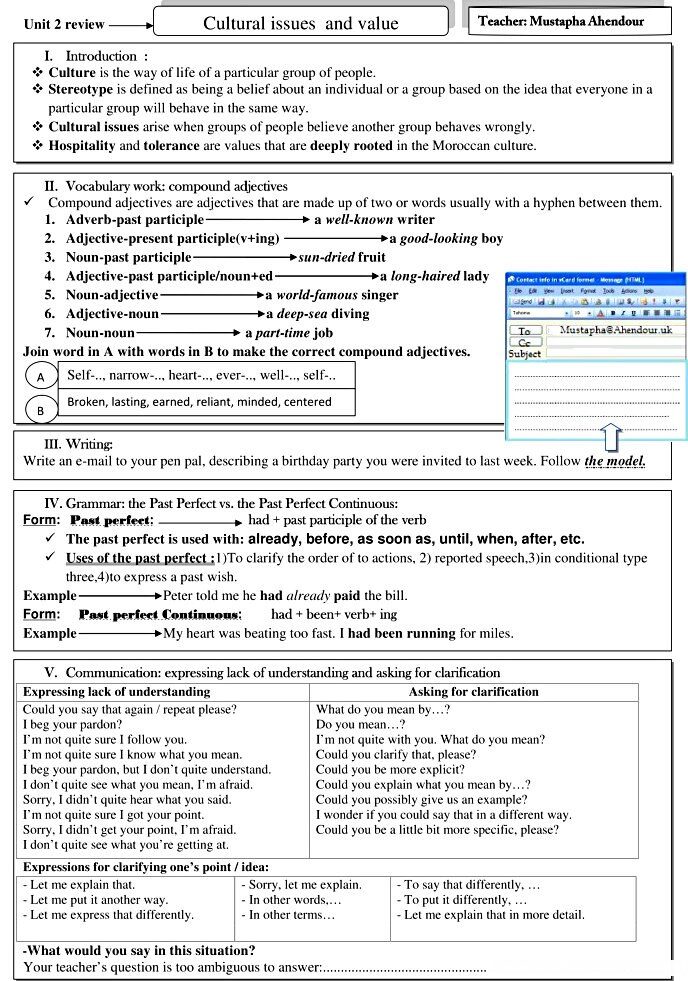 Unit 2 Cultural Issues values review compound adj email past perfect continuous Lack of understanding Review