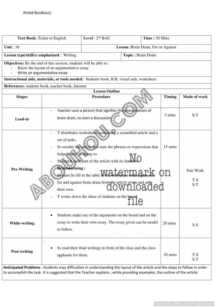 z Mixed Ticket LP Brain Drain Essay Writing 2Bac Lesson Plan 2Bac