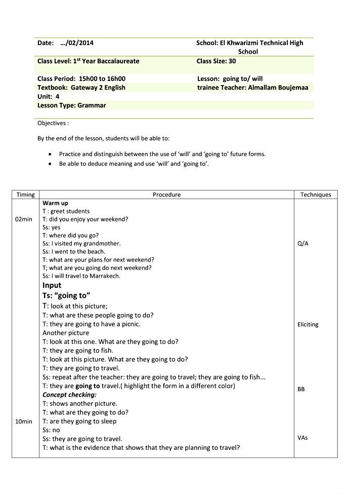 be going to vs will 1st bac lesson plan.