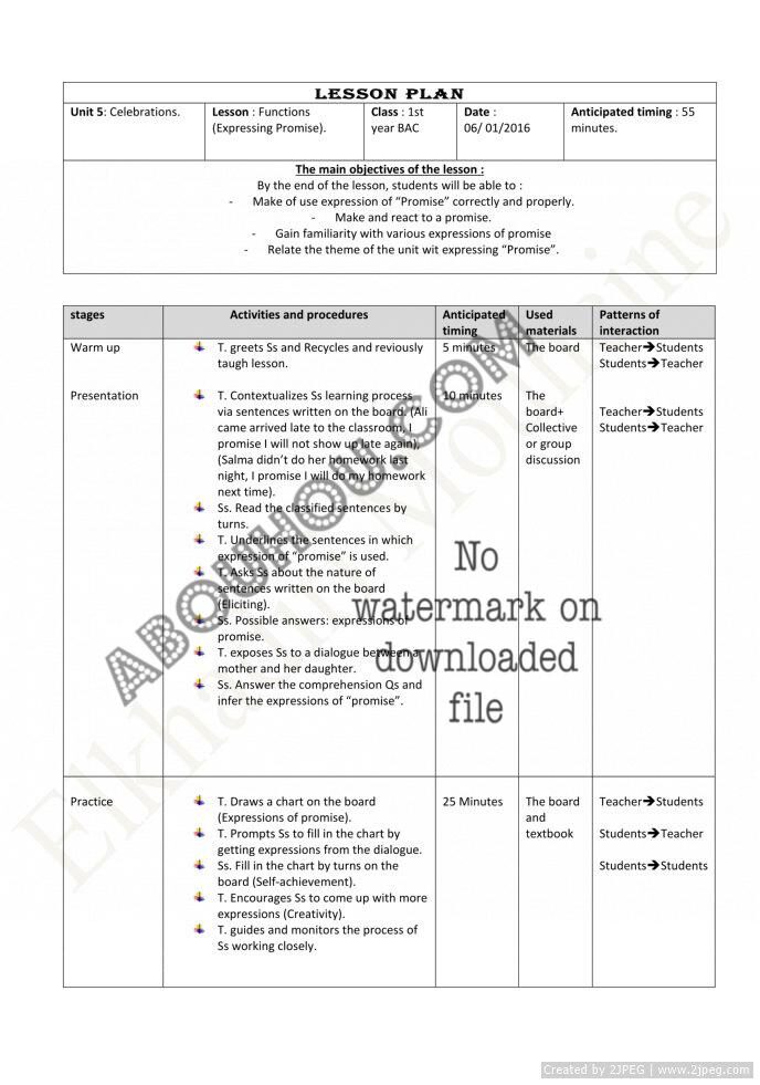 Gateway 1 Bac Lp unit 5 Funtions (Expressing promise) 1st year BAC lesson plan