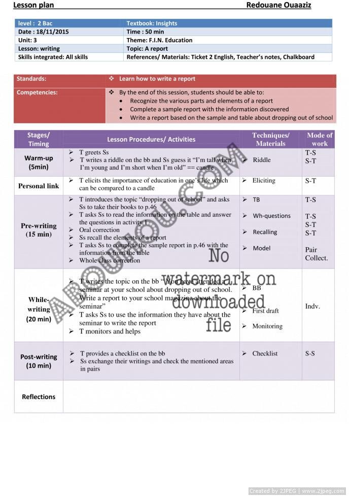 Insights U.3 LP 2 bac Education writing Lesson Plan