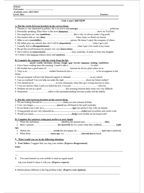 2 bac Review of unit 1 and 2 ticket 2