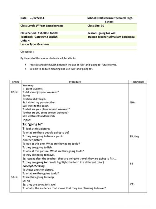 be going to vs will 1st bac lesson plan.