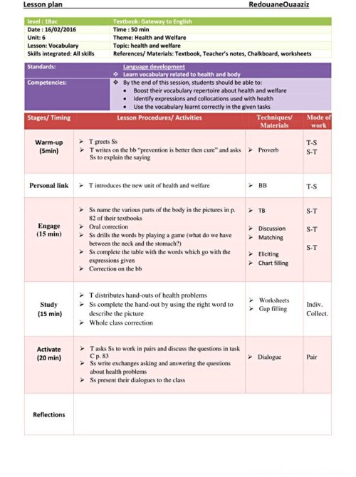 1 bac health and welfare vocabulary lesson plan