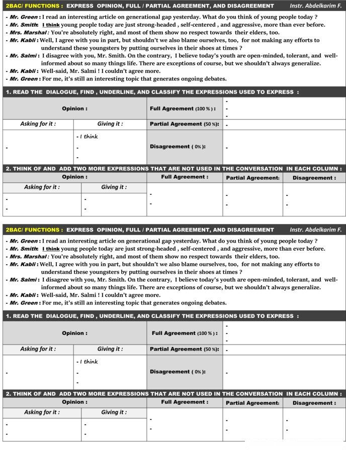 2 Bac Opinion Agreement Disagreement