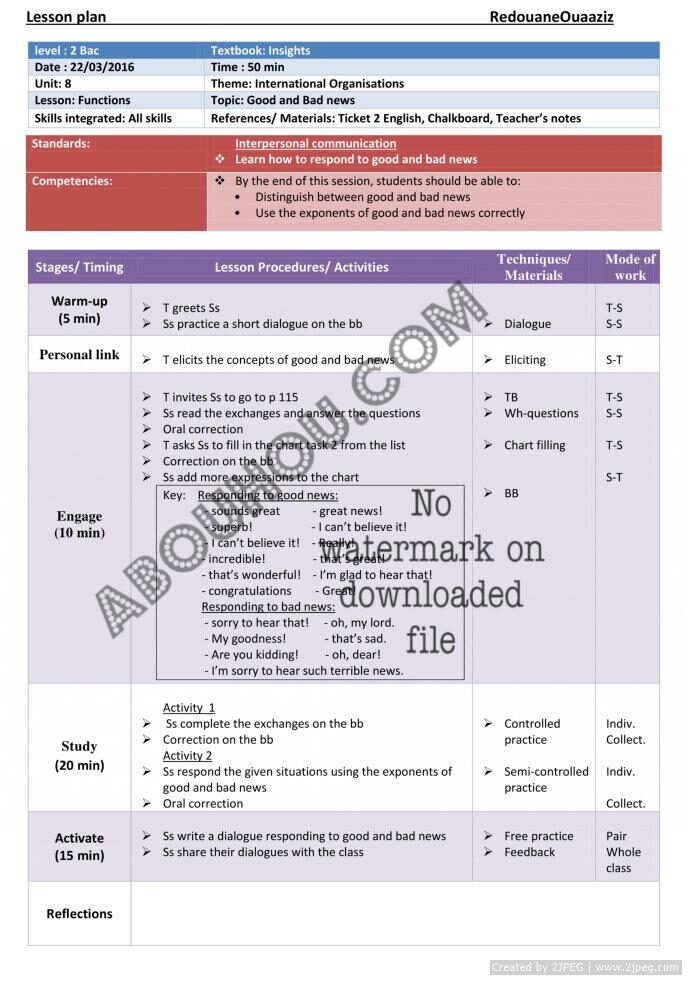 Insights U.8 LP 2 bac international organizations functions good and bad news Lesson Plan