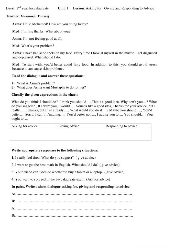 Giving Responding to Advice 1st bac.