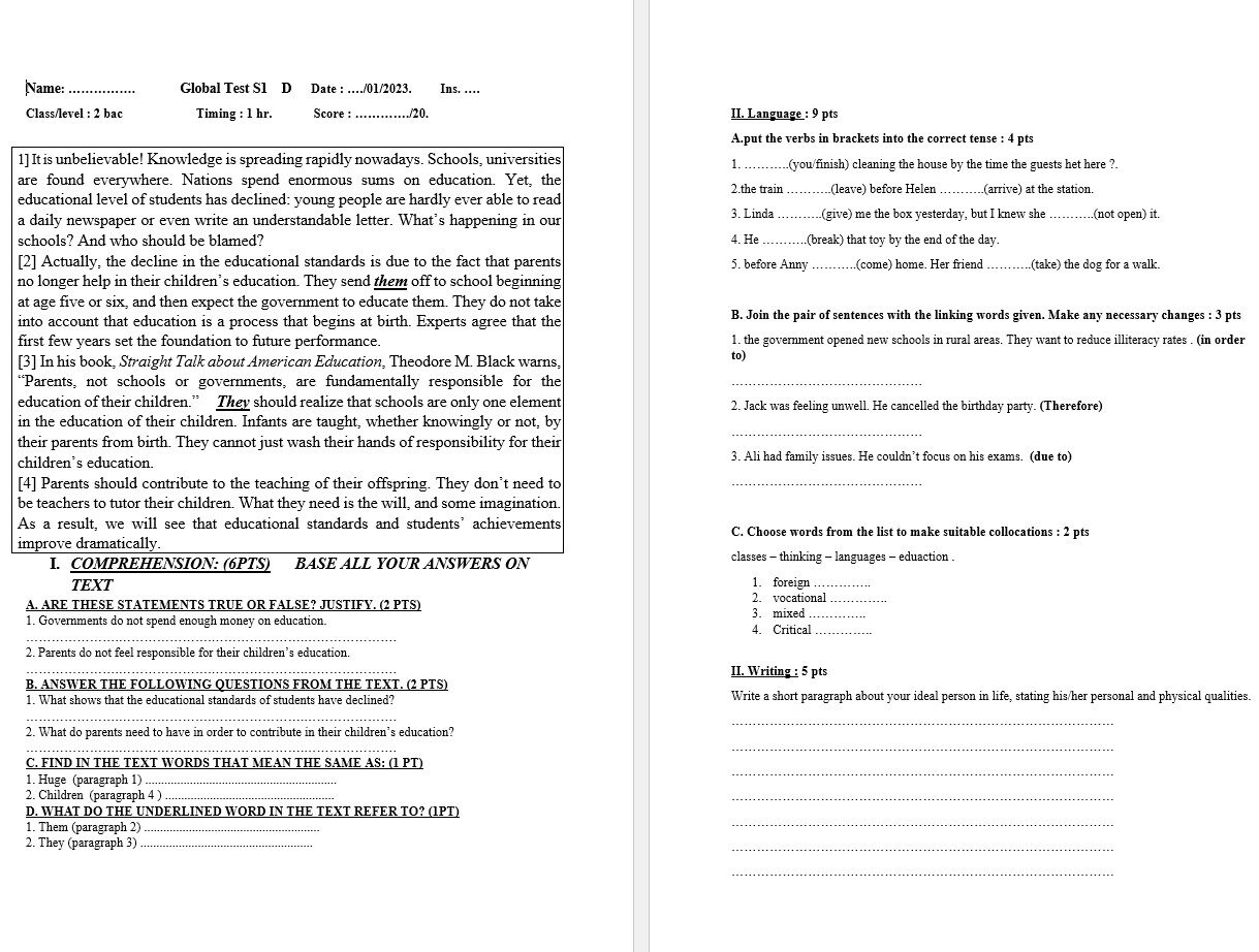 Global test S1 2bac ABC and D