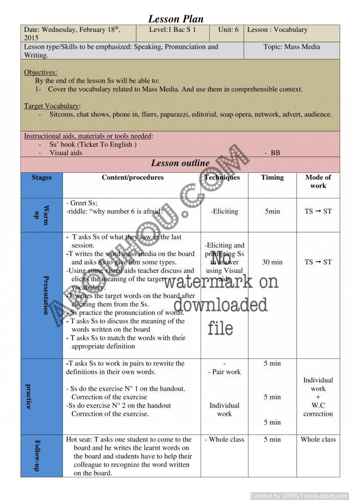 Ticket 1 Bac Lp U.6 Vocab Lesson mass media lesson plan