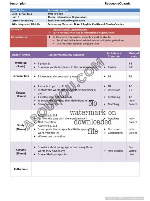 Insights U.8 LP 2 bac international organizations vocabulary word definition Lesson Plan