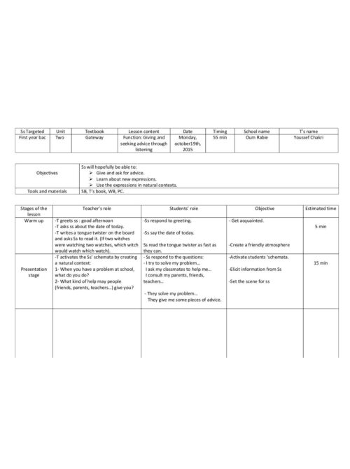 giving and seeking advice first year bac Gateway page 27 lesson plan