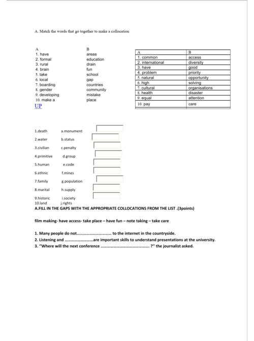 Collocations exercise mixed units 2nd bac