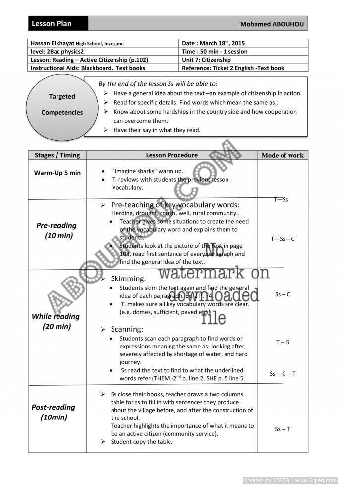 z Mixed Ticket LP teaching reading citizenship tp 2Bac Lesson Plan 2Bac