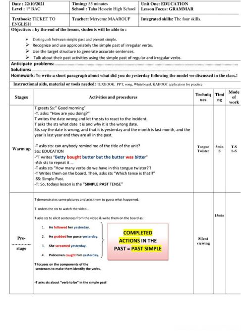 Unit 1 simple past lesson plan
