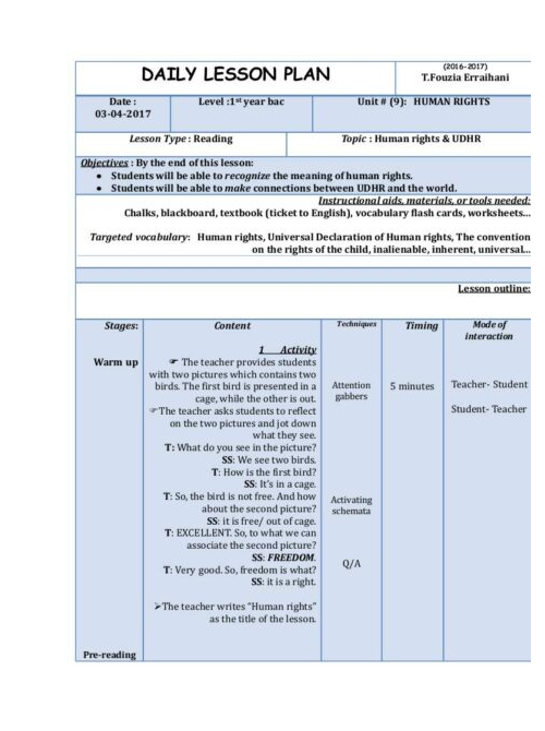 Human rights 1ST YEAR BAC. reading lesson plan