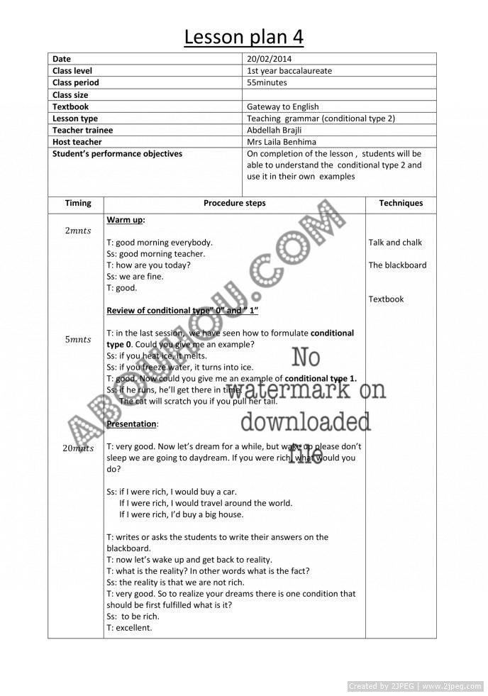 x 1 Bac Lp conditional type 2 gateway lesson plan