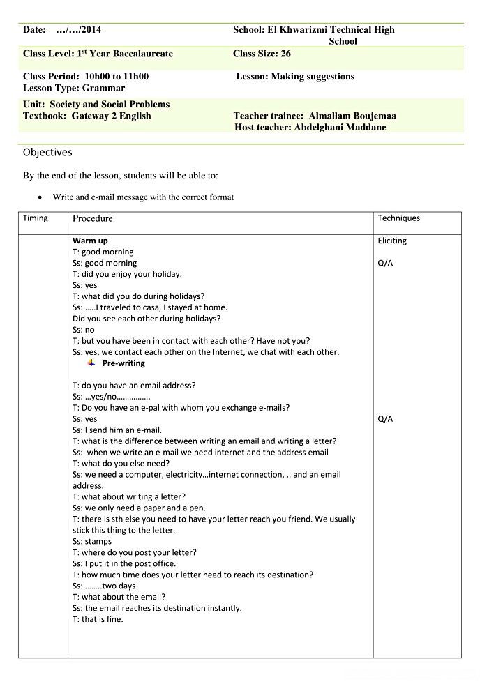 Pesrsonal Email writing 1st bac lesson plan.